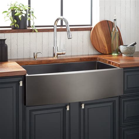 black cabinets with stainless steel farmhouse sink|black stainless retrofit farmhouse sink.